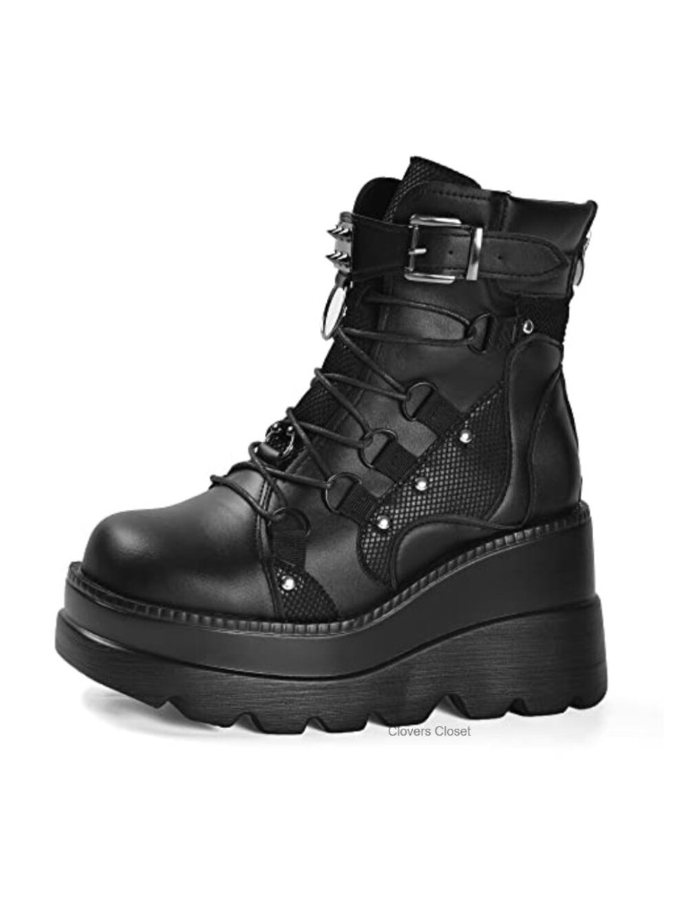 Goth Platform Ankle Boots for Women Chunky Heel Combat Lace Up Side Zip Faux